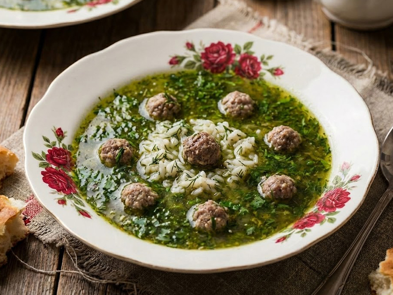 شوربای سنتی اصفهانی حاوی کوفته ریزه گوشت (قلقلی) و سبزی معطر مناسب برای دوران نقاهت و تب