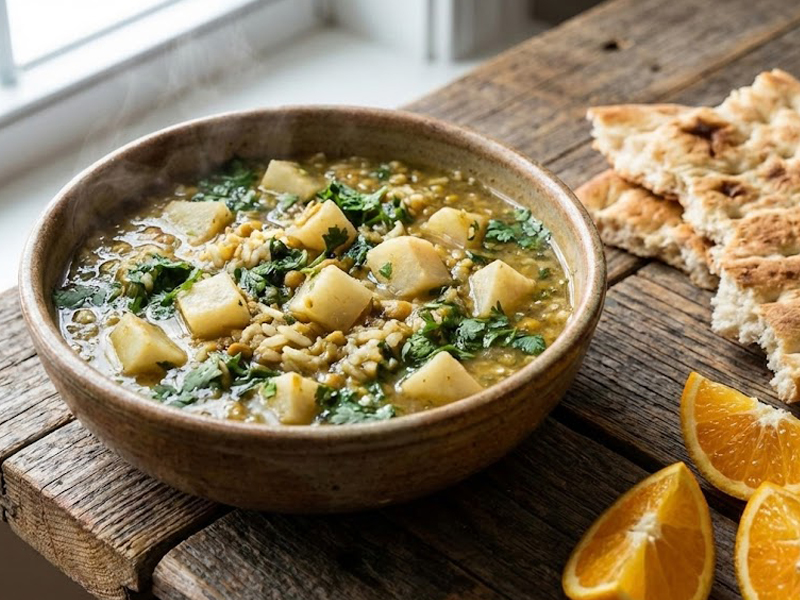 کاسه آش شلغم غلیظ و داغ با تکه‌های شلغم و سبزیجات تازه به عنوان آنتی‌بیوتیک طبیعی و درمان سرفه