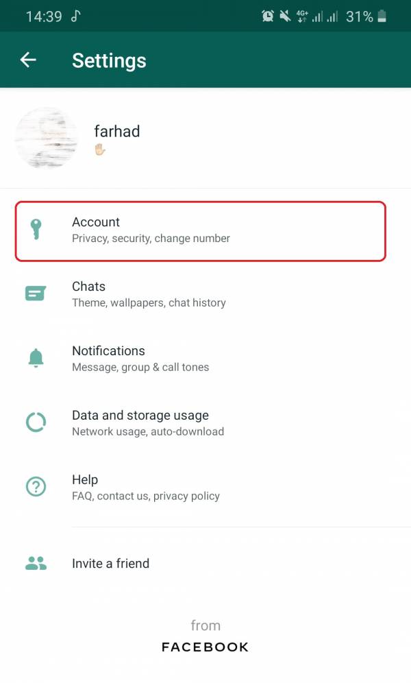 وارد بخش account برنامه واتساپ شوید دیلیت اکانت واتساپ