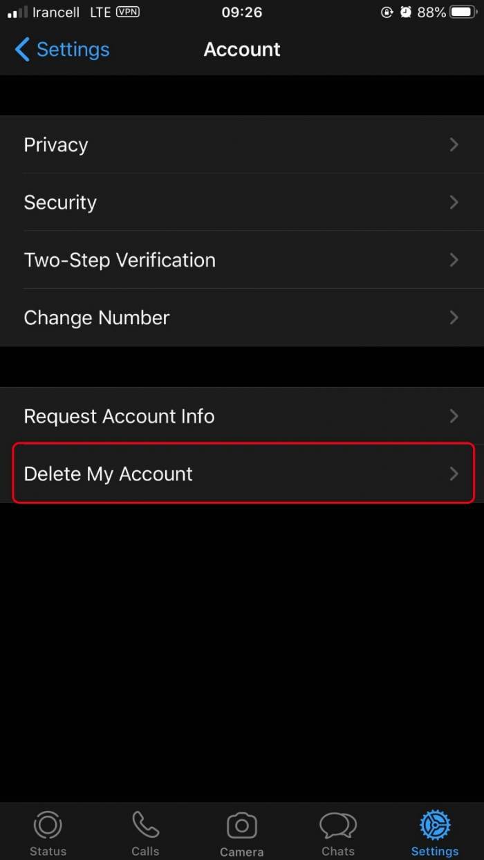 گزینه delete my account را انتخاب کنید دیلیت اکانت واتساپ در آیفون