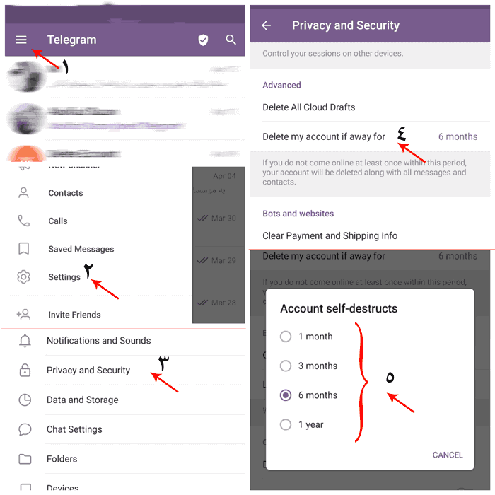 حذف اکانت خودکار تلگرام در اندروید delete telegram android