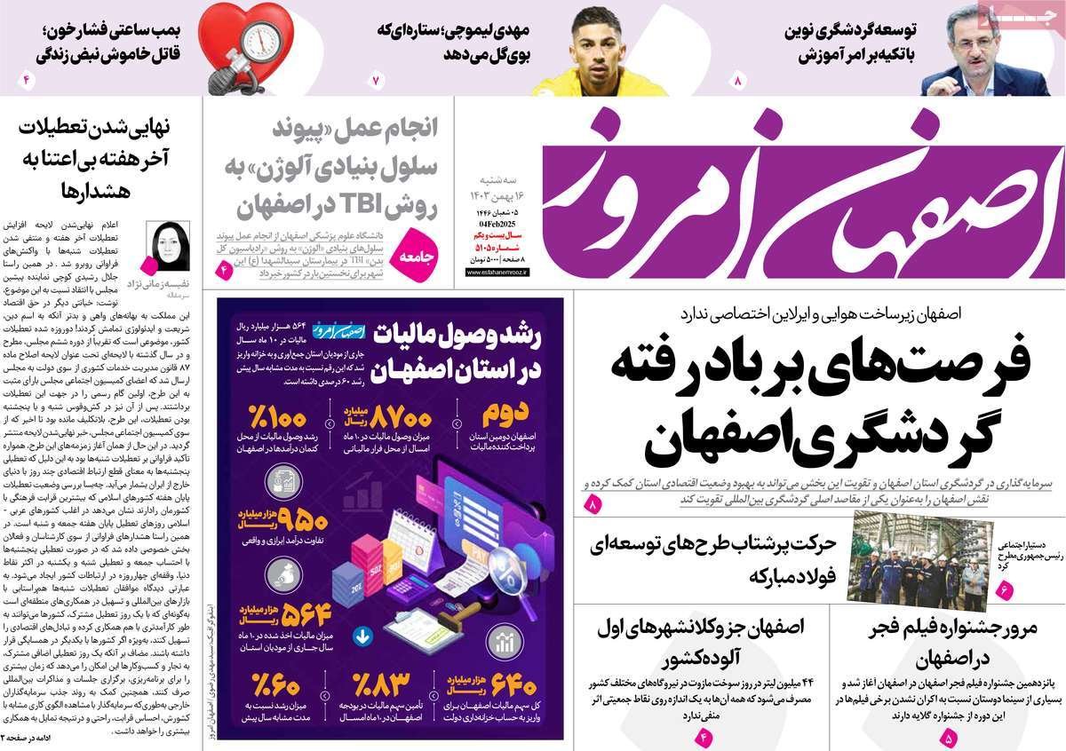 صفحه نخست روزنامه‌های امروز اصفهان سه شنبه16 بهمن 1403