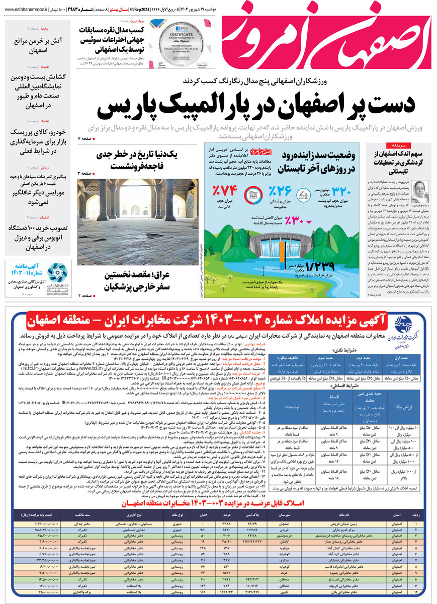 روزنامه اصفهان امروز شماره 4983، 19 شهریور 1403