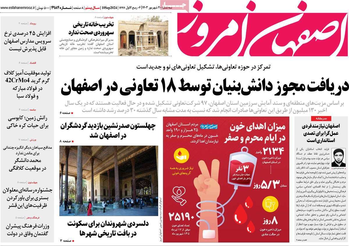 صفحه نخست روزنامه‌های امروز اصفهان سه شنبه20  شهریور 1403