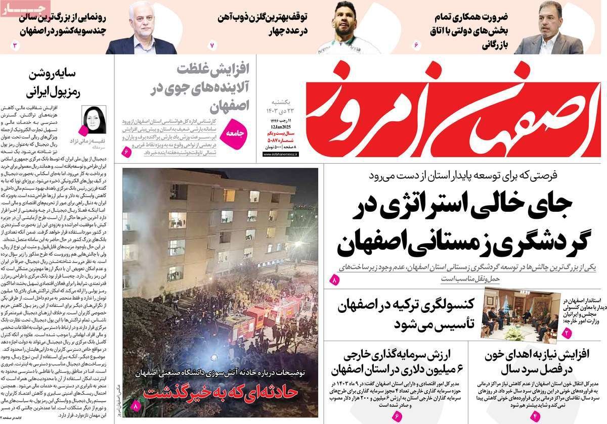 صفحه نخست روزنامه‌های امروز اصفهان یکشنبه 23  دی 1403