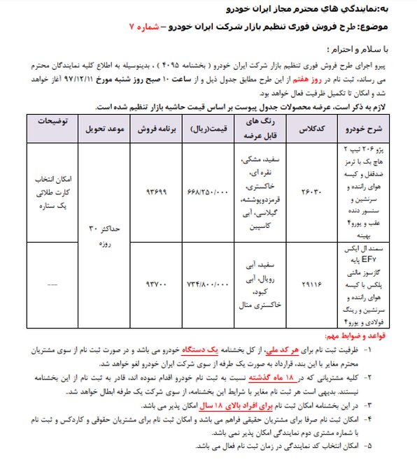 پیش فروش 206 و سمند ال ایکس EF7