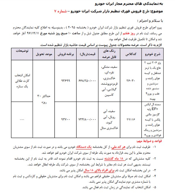 پیش فروش 206 و سمند ال ایکس EF7