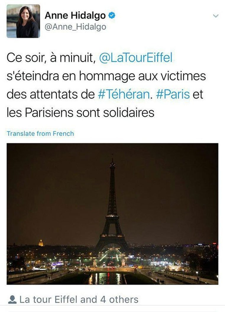 خاموشی برج ایفل به احترام جانباختگان تهران