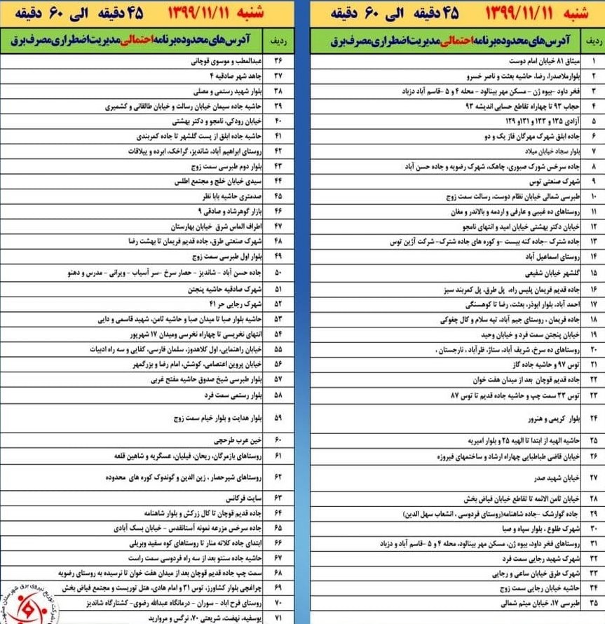 برنامه قطع برق مشهد شنبه 11 بهمن 99