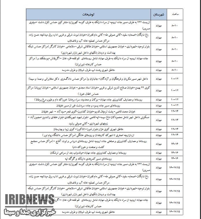 برنامه قطعی برق مهاباد شنبه 23 تیر