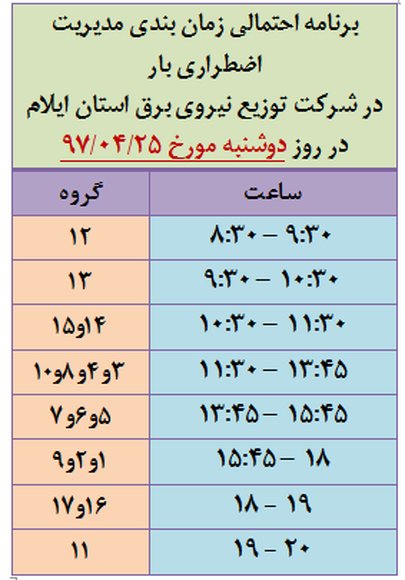 برنامه قطع برق ایلام دوشنبه 25 تیر 97