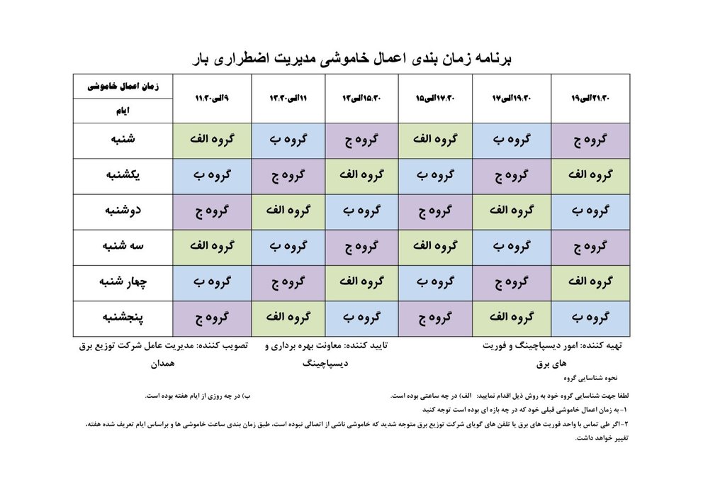 برنامه قطع برق همدان چهارشنبه 27 تیر 97
