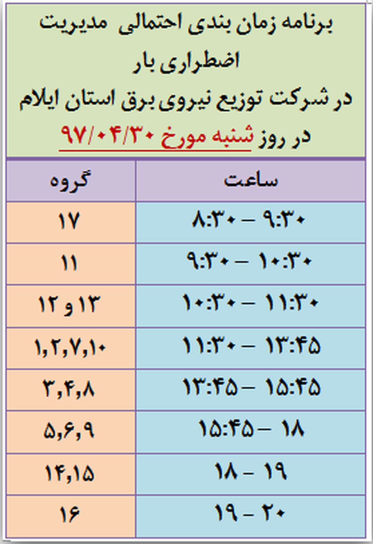 برنامه قطع برق لرستان شنبه 30 تیر 97