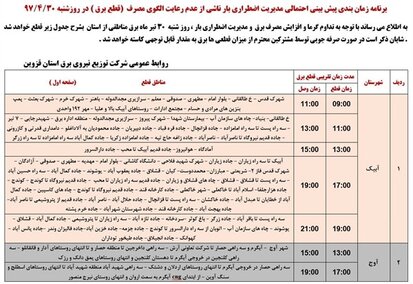 برنامه قطع برق قزوین شنبه 30 تیر 97
