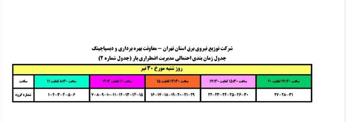 جدول زمانبندی برنامه قطع برق قدس شنبه 30 تیر 97 استان تهران