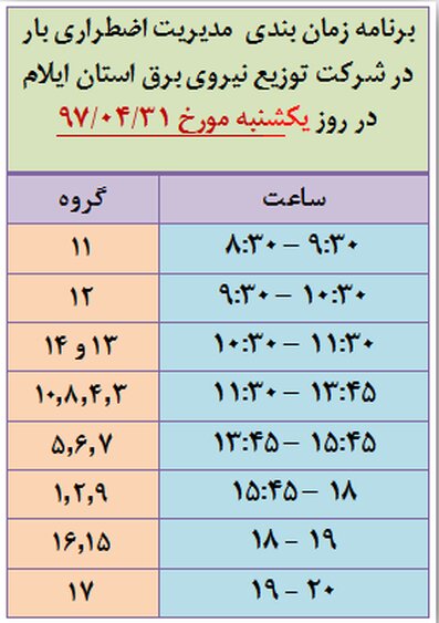 برنامه قطع برق ایلام یکشنبه 31 تیر 97