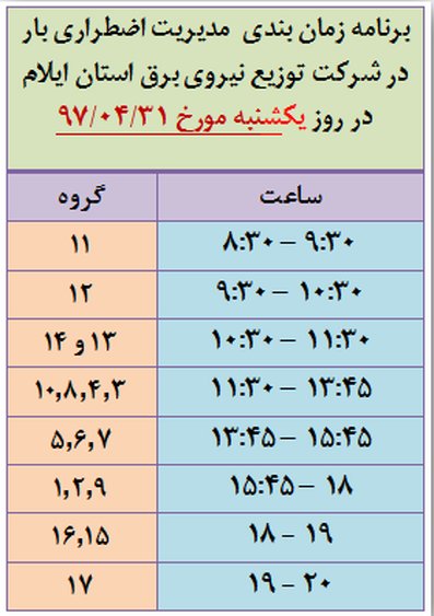 برنامه قطع برق ایلام یکشنبه 31 تیر 97