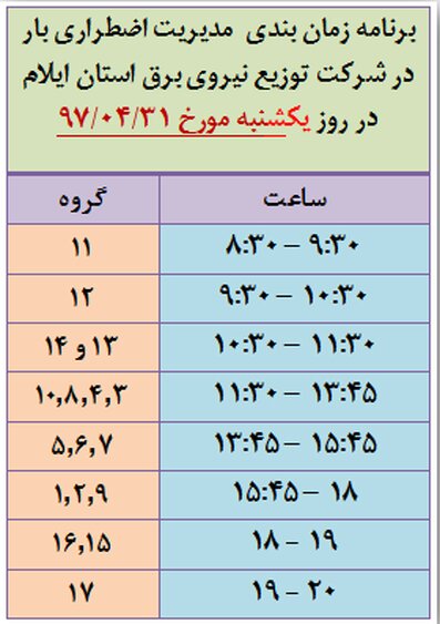 برنامه قطع برق ایلام یکشنبه 31 تیر 97