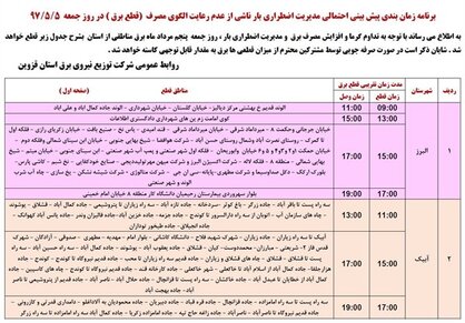 برنامه قطع برق قزوین  جمعه 5 مرداد97