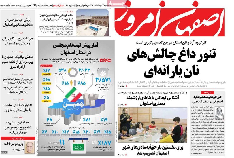 صفحه نخست روزنامه‌های امروز اصفهان سه شنبه 24 مرداد 1402