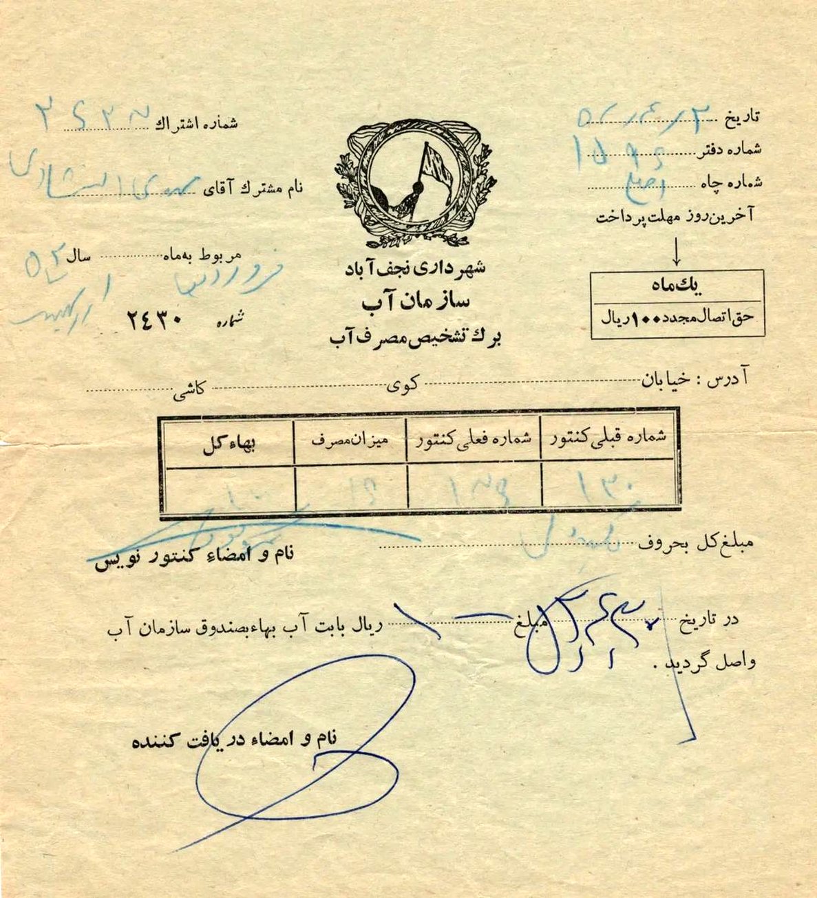 اهدای 6 قطعه قبض قدیمی آب بهاء به گنجینه و مرکز اسناد آبفای استان اصفهان