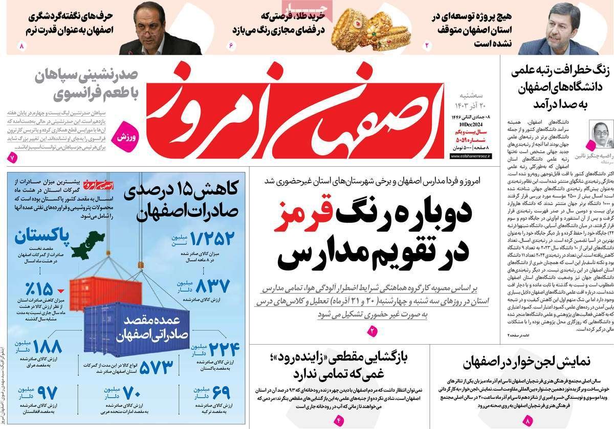 صفحه نخست روزنامه‌های امروز اصفهان سه شنبه 20 آذر 1403