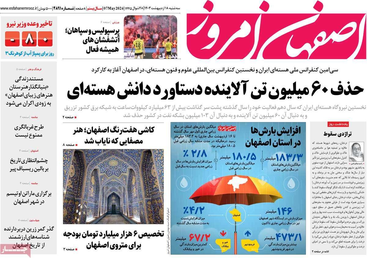 صفحه نخست روزنامه‌های امروز اصفهان سه شنبه 18 اردیبهشت 1403